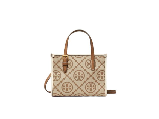 Tory Burch Tory Burch Mini T Monogram Tote In Woven Jacquard With Brass Hardware Hazelnut-New Ivory - view 1