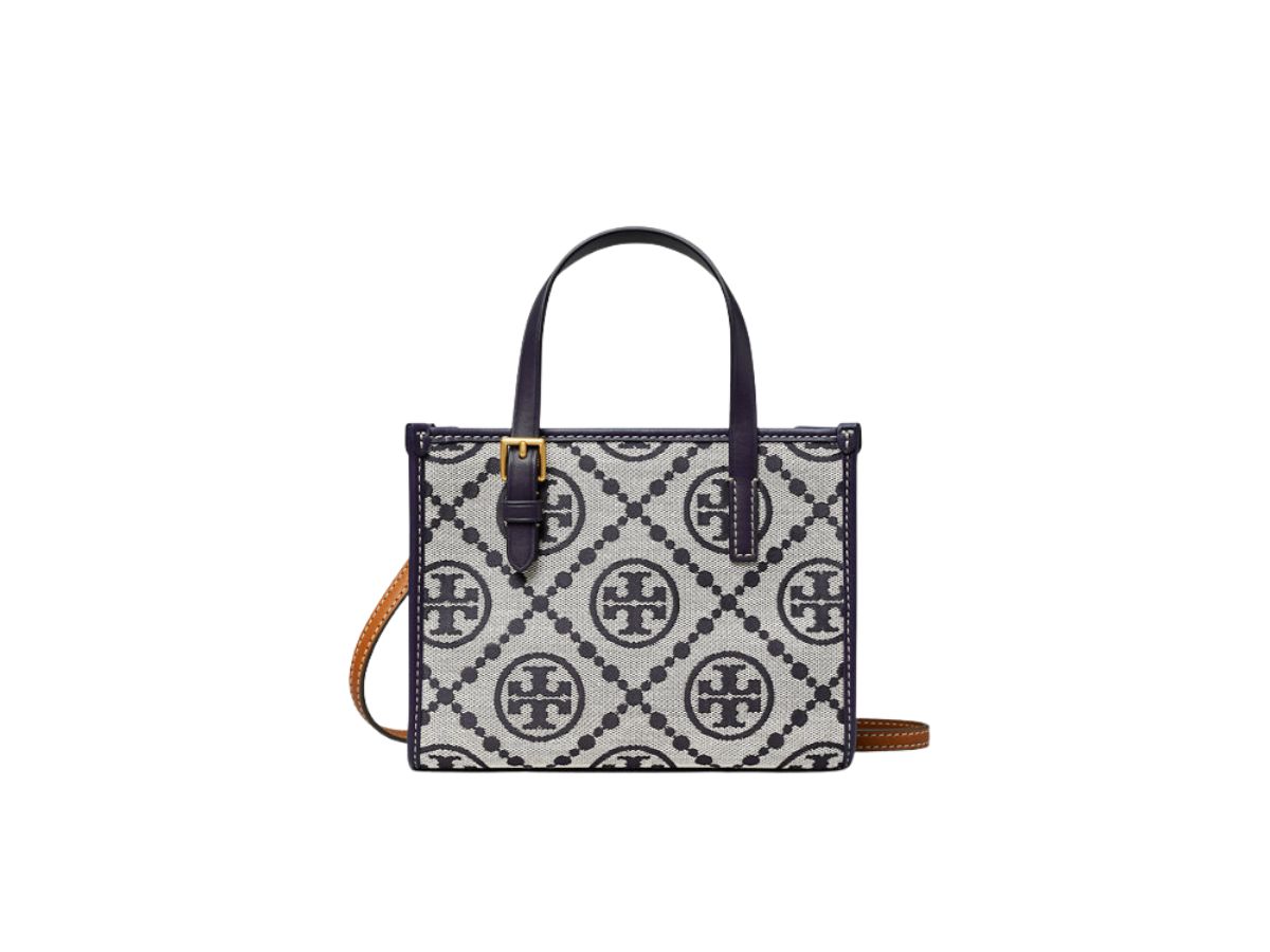 Tory Burch Tory Burch Mini T Monogram Tote In Woven Jacquard With Brass Hardware Navy