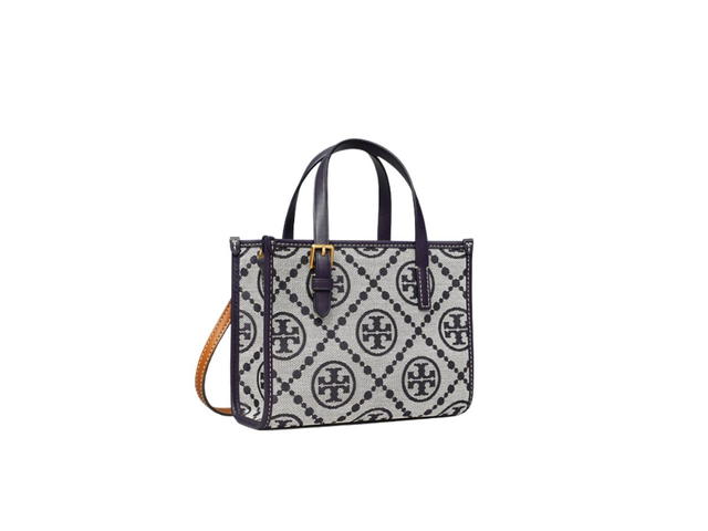 Tory Burch Tory Burch Mini T Monogram Tote In Woven Jacquard With Brass Hardware Navy - view 2