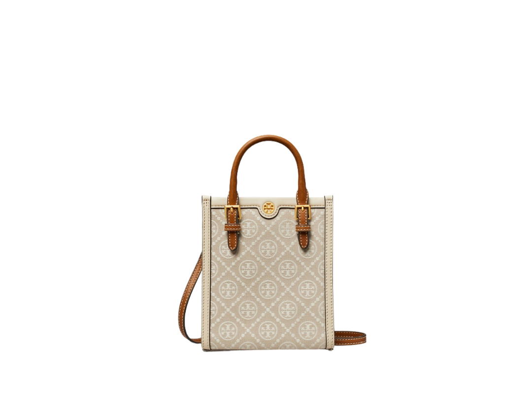 Tory Burch Tory Burch Mini Tote T Monogram In Woven Jacquard With Brass Hardware Ivory