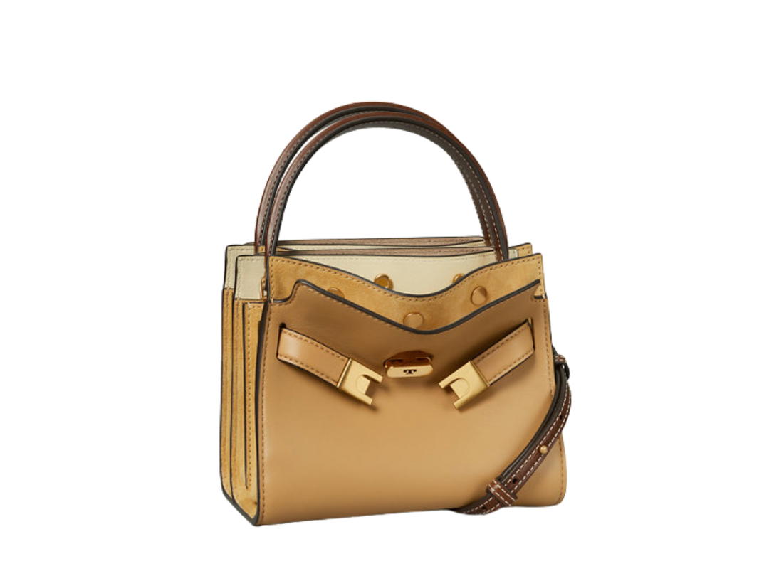 Tory Burch Tory Burch Petite Lee Radziwill Double Bag In Calf Leather Suede And Leather Trim With Signature Lock And Key Hardware Dark Sand
