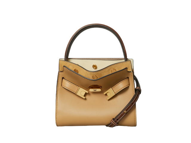 Tory Burch Tory Burch Petite Lee Radziwill Double Bag In Calf Leather Suede And Leather Trim With Signature Lock And Key Hardware Dark Sand - view 2