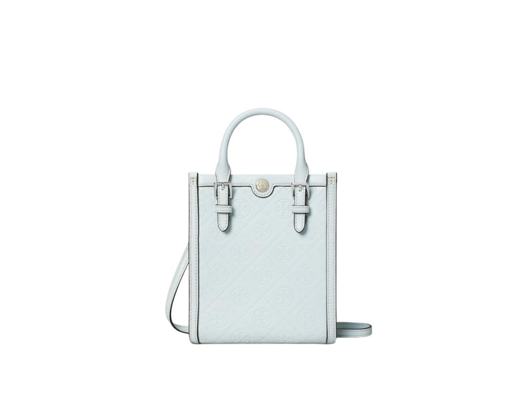 Tory Burch Tory Burch Printed Linen Camp Short In Debossed Leather With Adjustable Handles And Magnetic Snap Light Aerial Blue