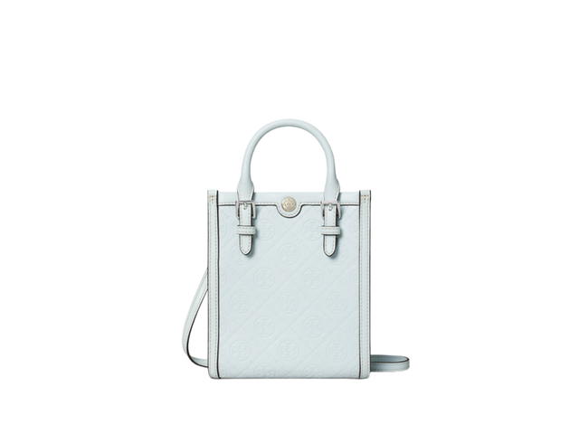 Tory Burch Tory Burch Printed Linen Camp Short In Debossed Leather With Adjustable Handles And Magnetic Snap Light Aerial Blue - view 1