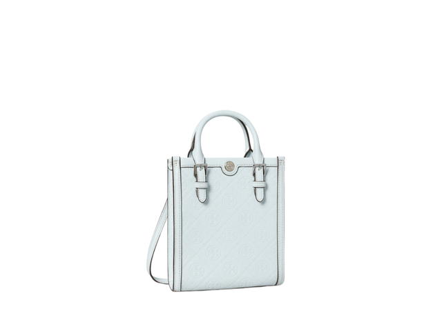 Tory Burch Tory Burch Printed Linen Camp Short In Debossed Leather With Adjustable Handles And Magnetic Snap Light Aerial Blue - view 2