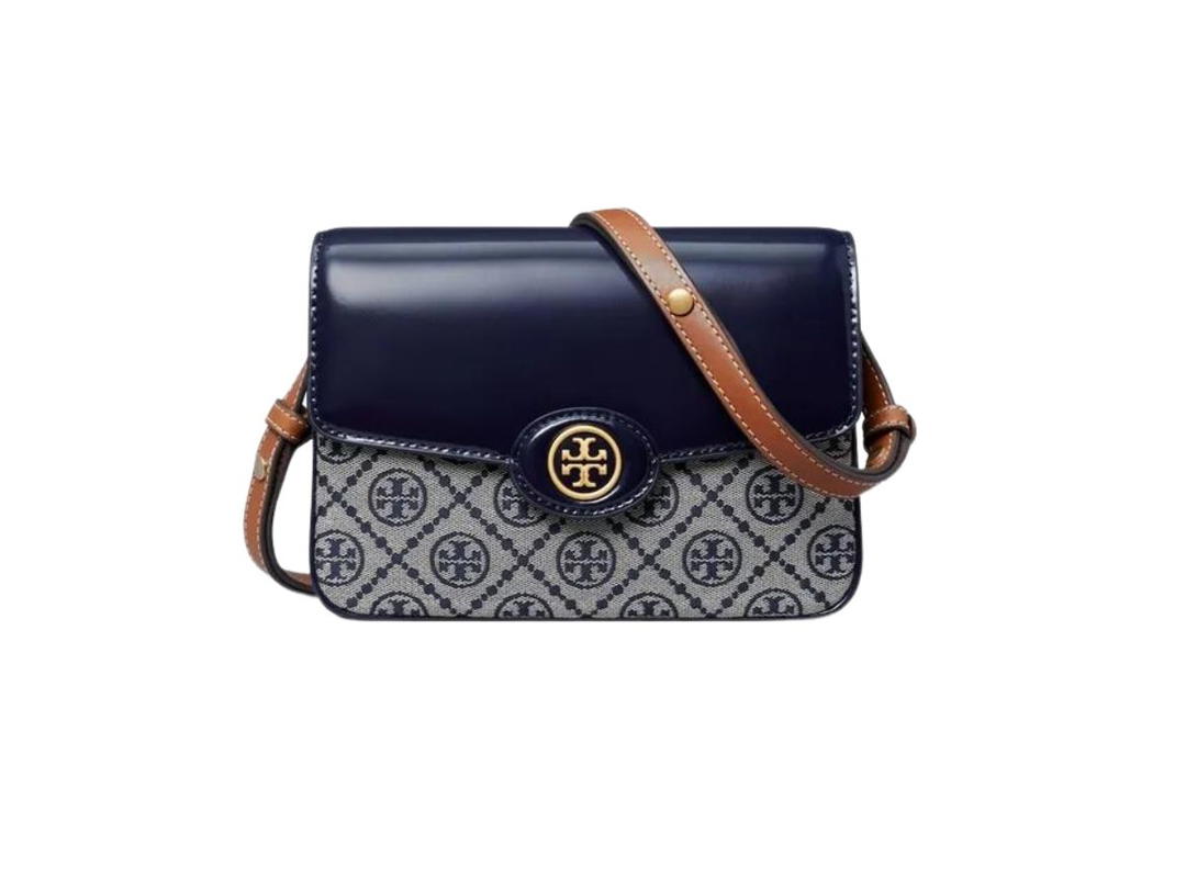 Tory Burch Tory Burch Robinson T Monogram Convertible Shoulder Bag In Patent Leather With Brass Hardware Navy