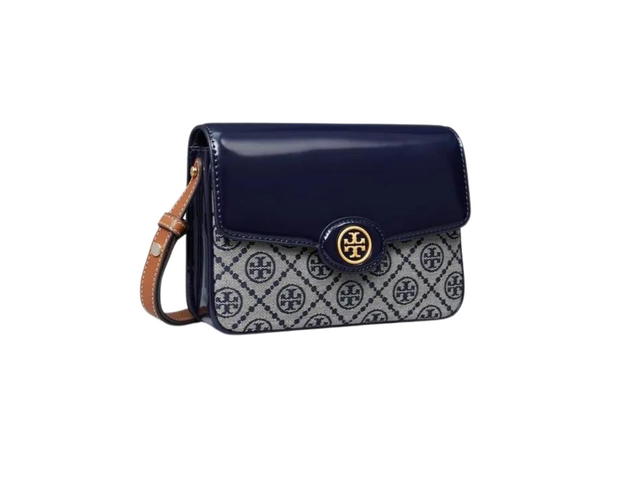 Tory Burch Tory Burch Robinson T Monogram Convertible Shoulder Bag In Patent Leather With Brass Hardware Navy - view 2