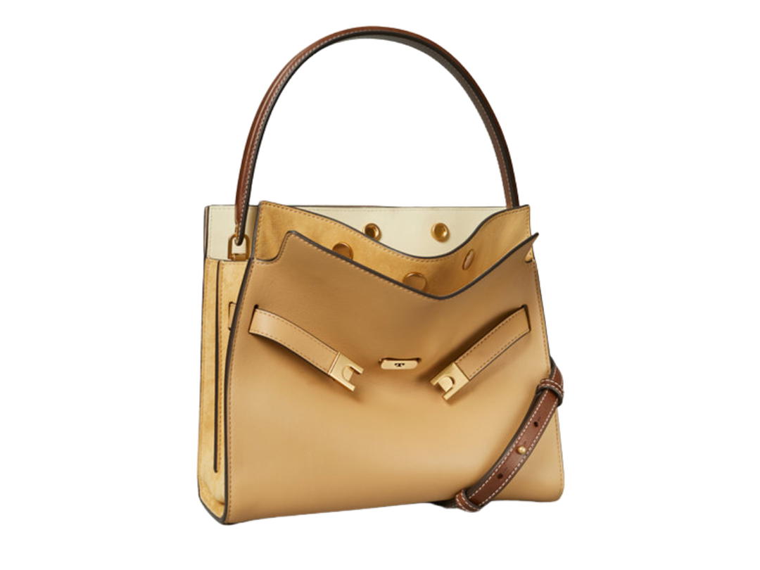 Tory Burch Tory Burch Small Lee Radziwill Double Bag In Calf Leather Suede And Leather Trim With Signature Lock And Key Hardware Dark Sand