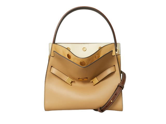 Tory Burch Tory Burch Small Lee Radziwill Double Bag In Calf Leather Suede And Leather Trim With Signature Lock And Key Hardware Dark Sand - view 2