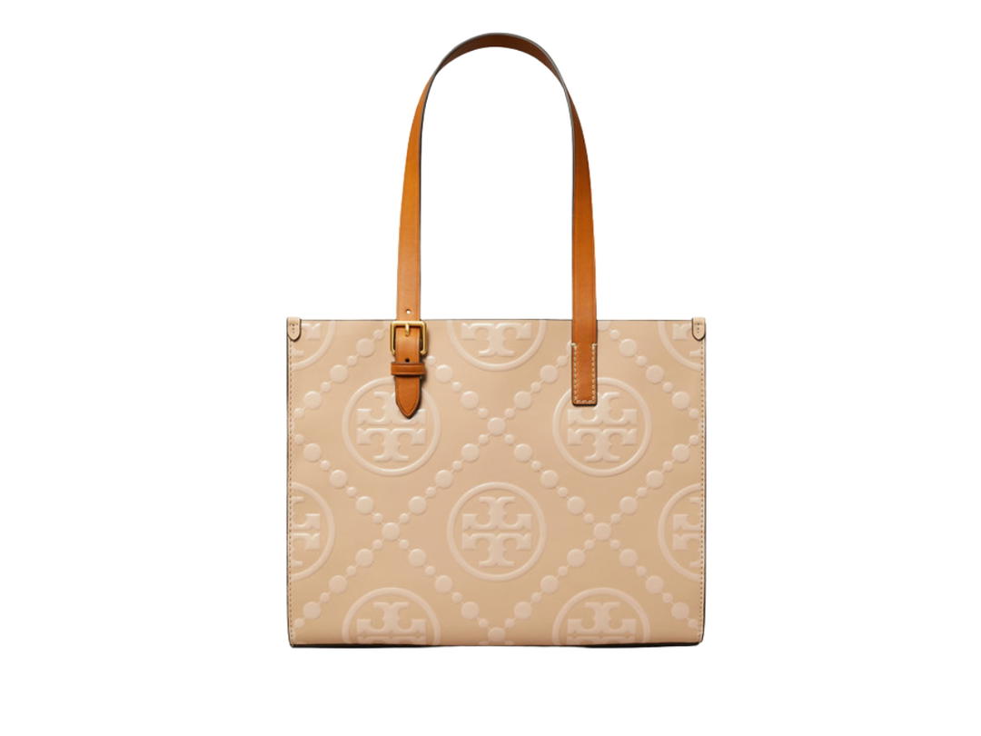Tory Burch Tory Burch Small T Monogram Contrast Embossed Tote In Contrast Embossed Leather With Brass Hardware Sanp On Gussets Light Peach