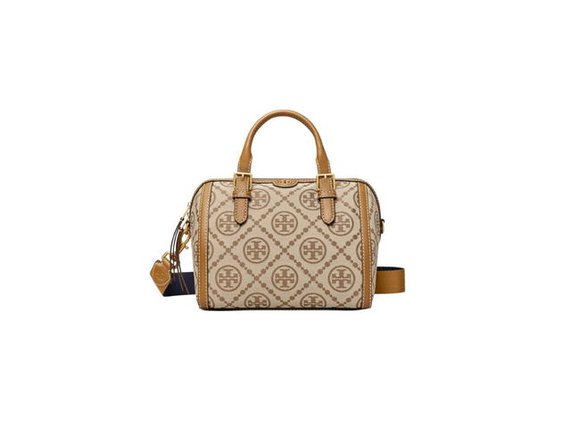Tory Burch Tory Burch T Monogram Barrel Bag In Woven Jacquard And Leather Hazelnut - view 1