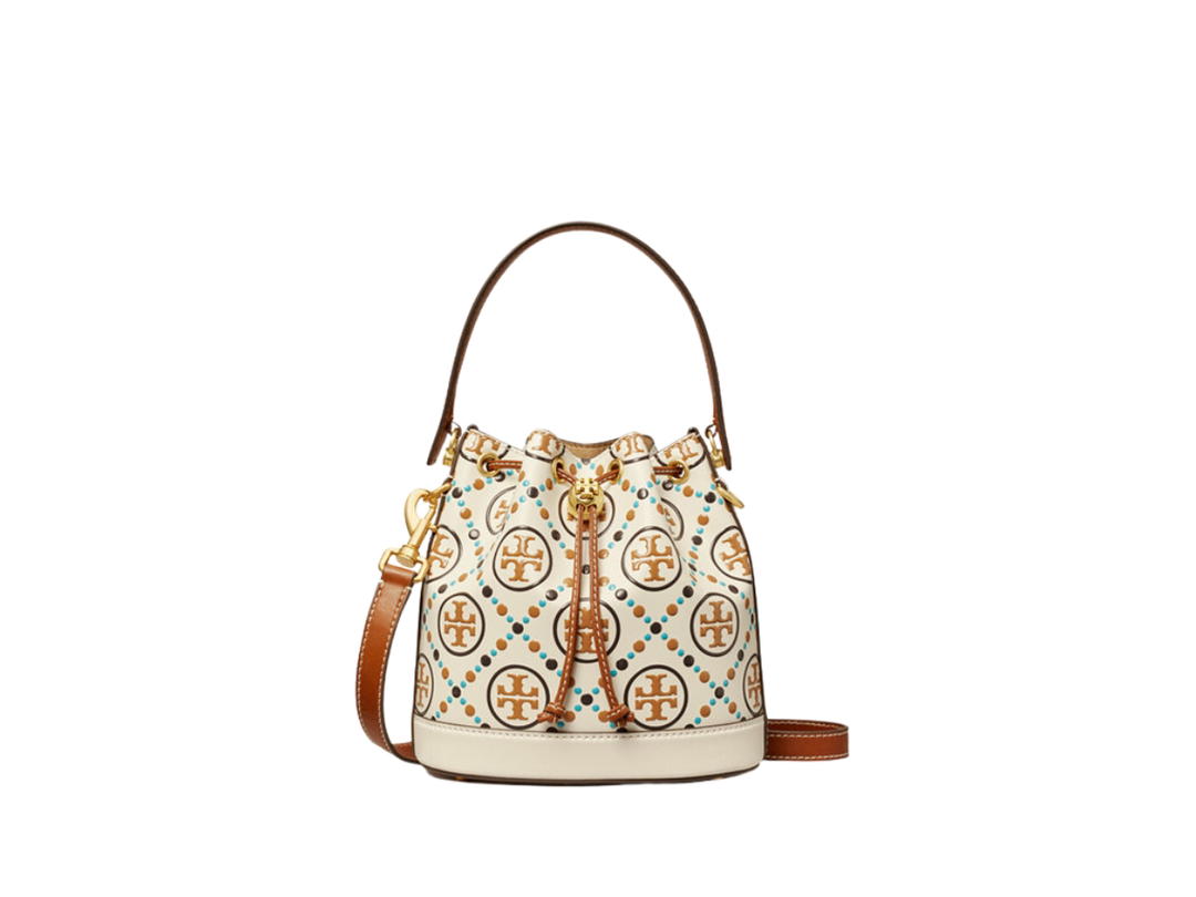 Tory Burch Tory Burch T Monogram Bucket Bag In Contrast Embossed Leather With Brass Hardware New Ivory