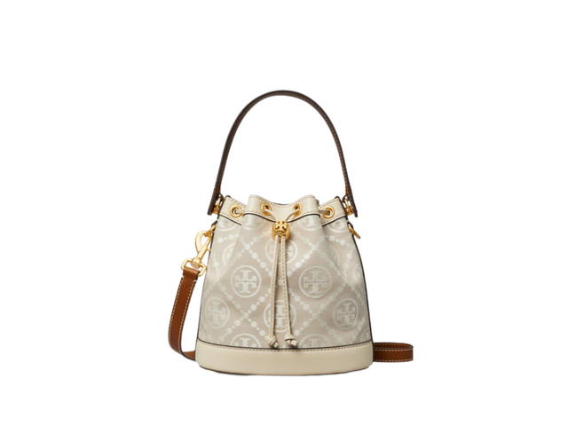 Tory Burch Tory Burch T Monogram Bucket Bag In Leather Trimmed Jacquard With Brass Hardware Ivory - view 1