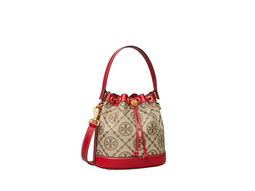 Tory Burch Tory Burch T Monogram Bucket Bag In Woven Jacquard With Brass-Finish Hardware Red