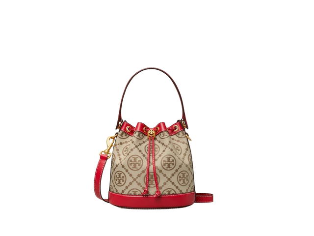 Tory Burch Tory Burch T Monogram Bucket Bag In Woven Jacquard With Brass-Finish Hardware Red - view 2