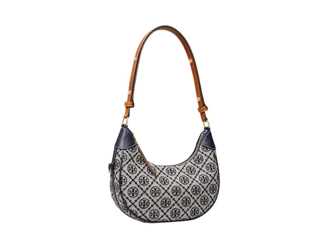 Tory Burch Tory Burch T Monogram Crescent Bag In Woven Jacquard With Gold Color Hardware Tory Navy