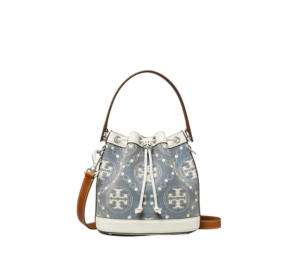 Buy Tory Burch T Monogram Denim Bucket Bag In Denim Jacquard With Nickel Hardware Pearl Blue at Sasom – Authentic and Ready to Ship