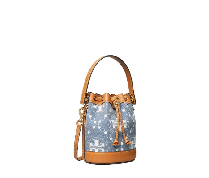 Buy Tory Burch T Monogram Denim Mini Bucket Bag In Wash Denim Jacquard With Gold Double T Stopper Multi at Sasom – Authentic and Ready to Ship