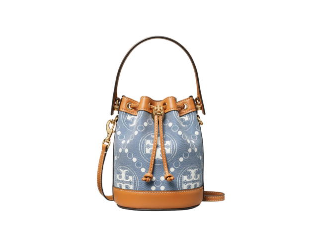 Tory Burch Tory Burch T Monogram Denim Mini Bucket Bag In Wash Denim Jacquard With Gold Double T Stopper Multi - view 1