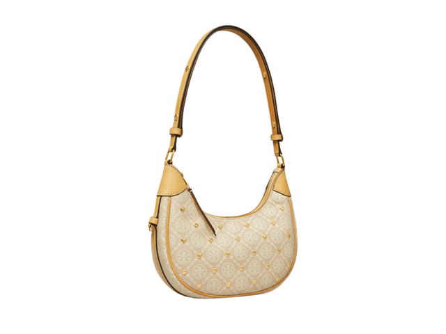 Tory Burch Tory Burch T Monogram Embellished Crescent Bag In Woven Jacquard With Gold Color New Ivory Multi - view 1