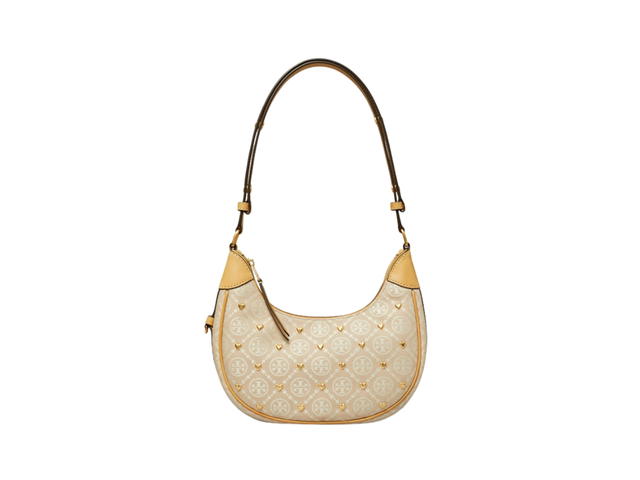 Tory Burch Tory Burch T Monogram Embellished Crescent Bag In Woven Jacquard With Gold Color New Ivory Multi - view 2