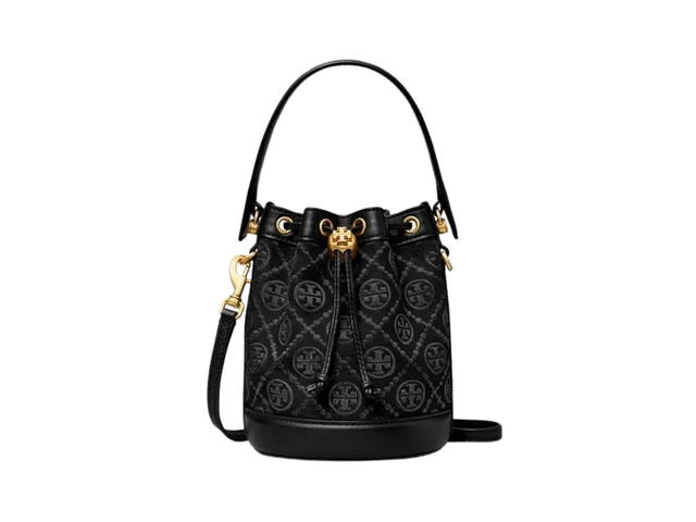 Tory Burch Tory Burch T Monogram Jacquard Mini Bucket Bag In Woven Jacquard With Gold Double T Cord Stopper Black - view 1