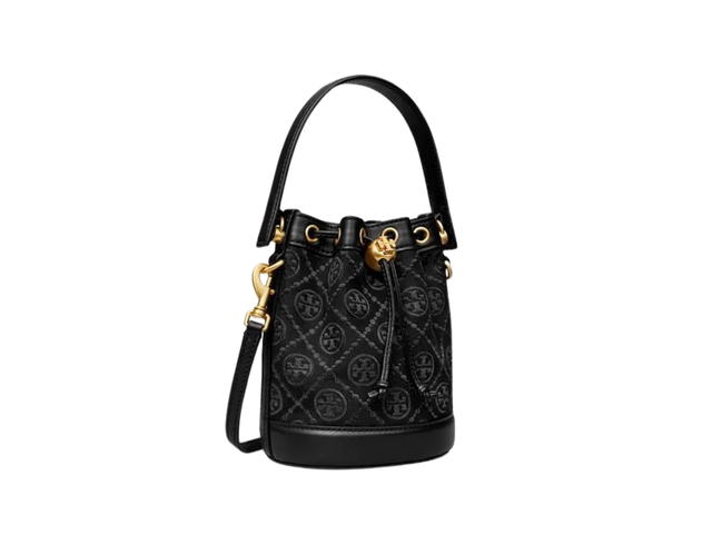 Tory Burch Tory Burch T Monogram Jacquard Mini Bucket Bag In Woven Jacquard With Gold Double T Cord Stopper Black - view 2