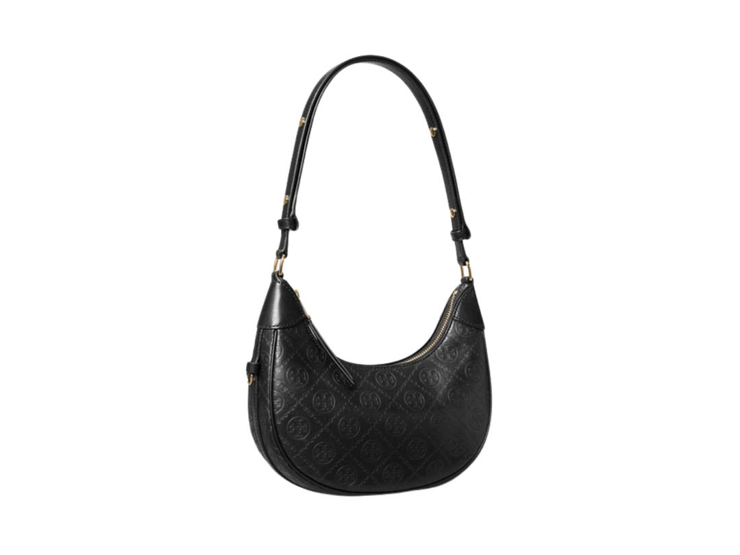 Tory Burch Tory Burch T Monogram Leather Crescent Bag In Embossed Patent Leather With Gold Color Hardware Black