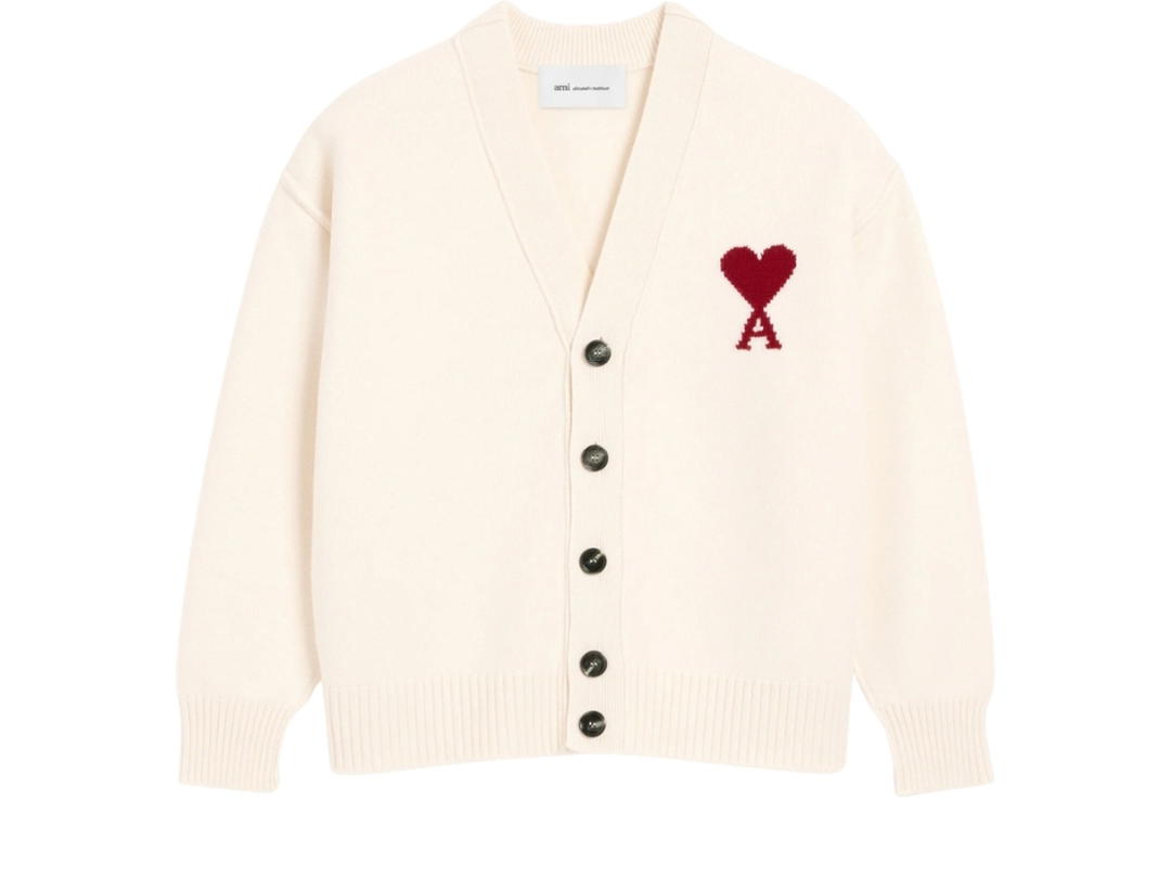 Ami Paris Ami Paris De Coeur Natural Wool Cardigan With Contrasted Off-White