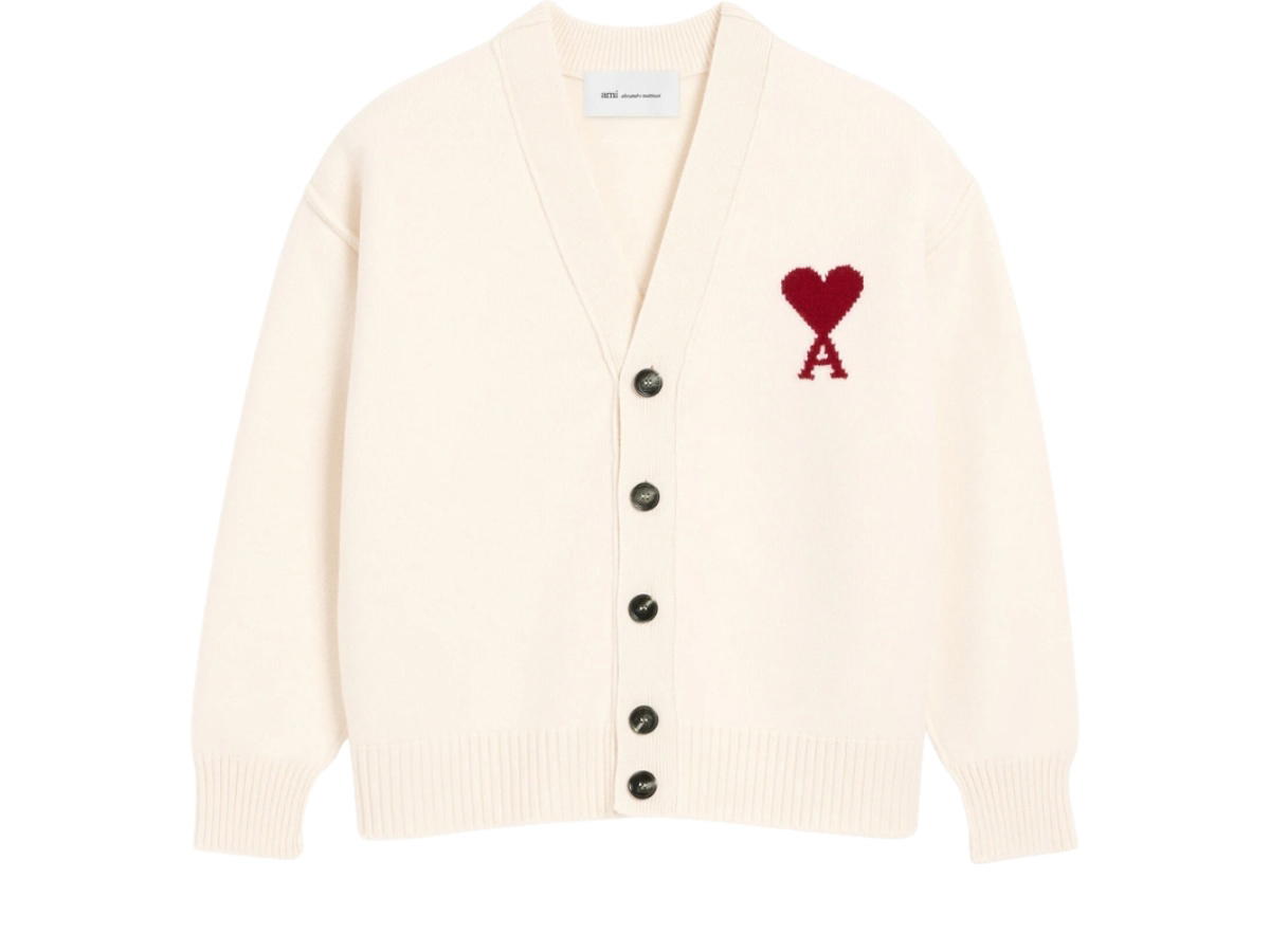 Ami Paris Ami Paris De Coeur Natural Wool Cardigan With Contrasted Off-White