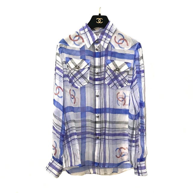 Chanel UNUSED CHANEL P74508 CC CC Mark printed muslin  blouse silk White/blue - view 2