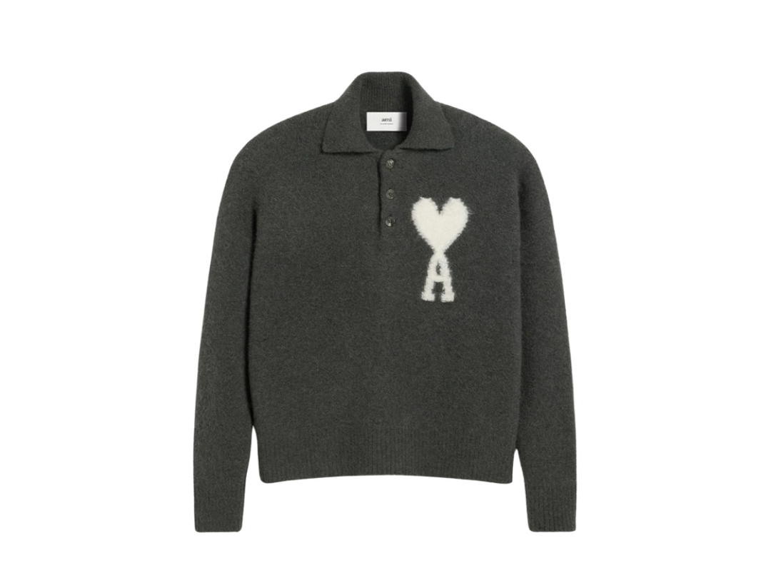 Ami Paris Ami Paris AMI de Coeur Knitted Polo Off White Dark Grey
