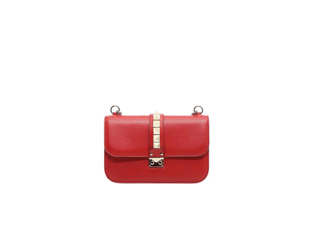 Valentino Valentino Medium Chain Shoulder Bag In Calfskin With Ruthenium-Finish Studs And Metal Hardware Red