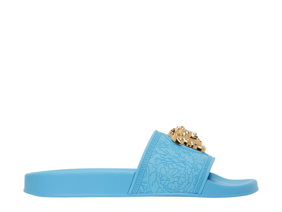 Versace Vasace Medusa Pool Slides In Rubber With Gold Logo Blue