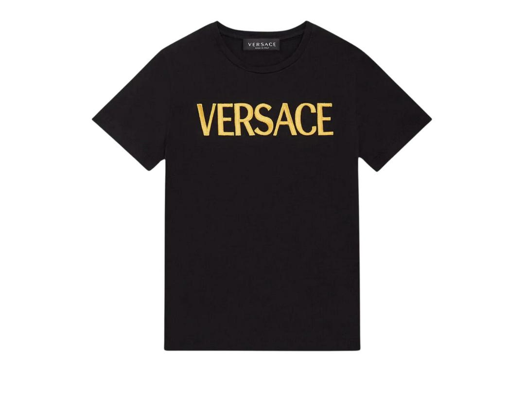 Versace Versace Embroidered Logo T-Shirt Cotton Jersey Black Gold