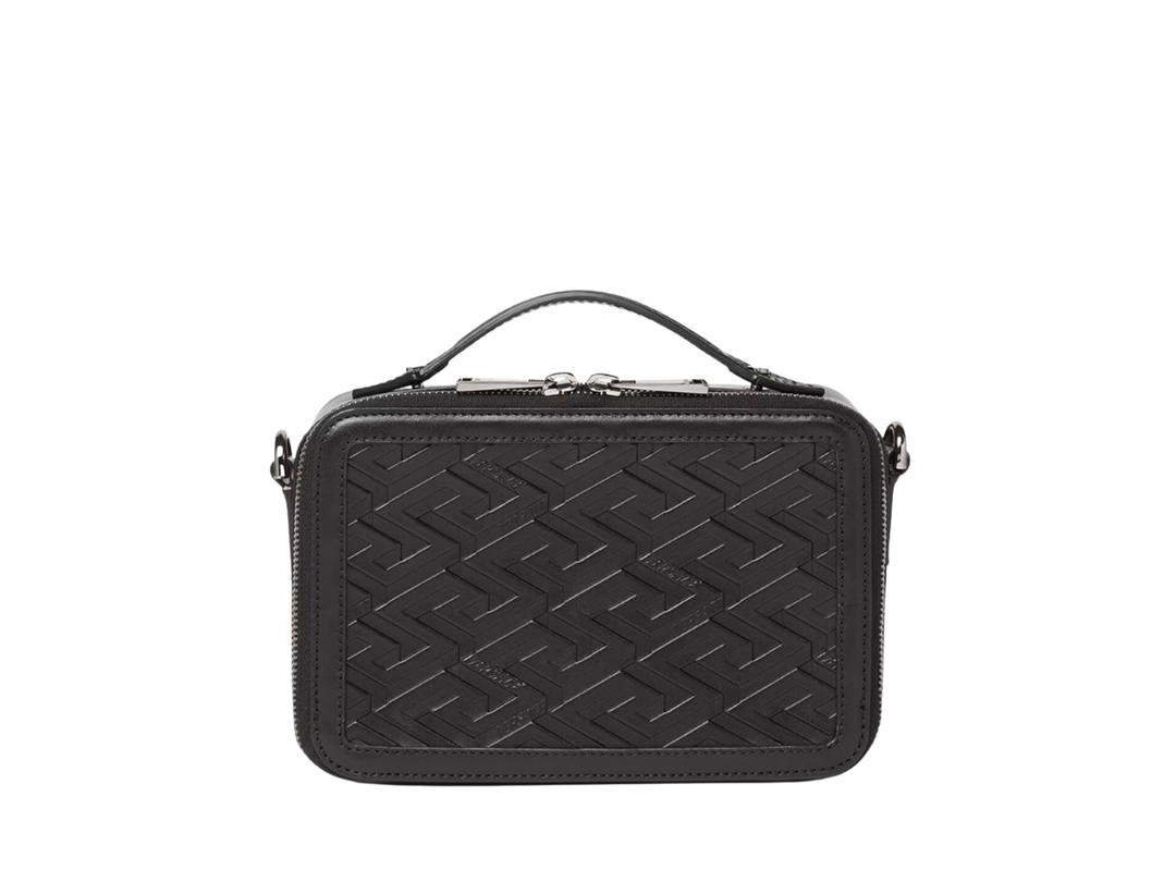 Versace Versace La Greca Signature Small Messenger Bag In Calfskin Leather With Silver Metal Hardware Black