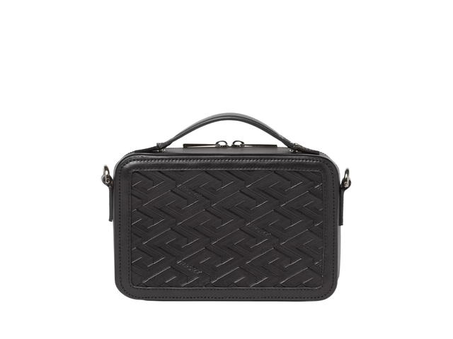 Versace Versace La Greca Signature Small Messenger Bag In Calfskin Leather With Silver Metal Hardware Black - view 2