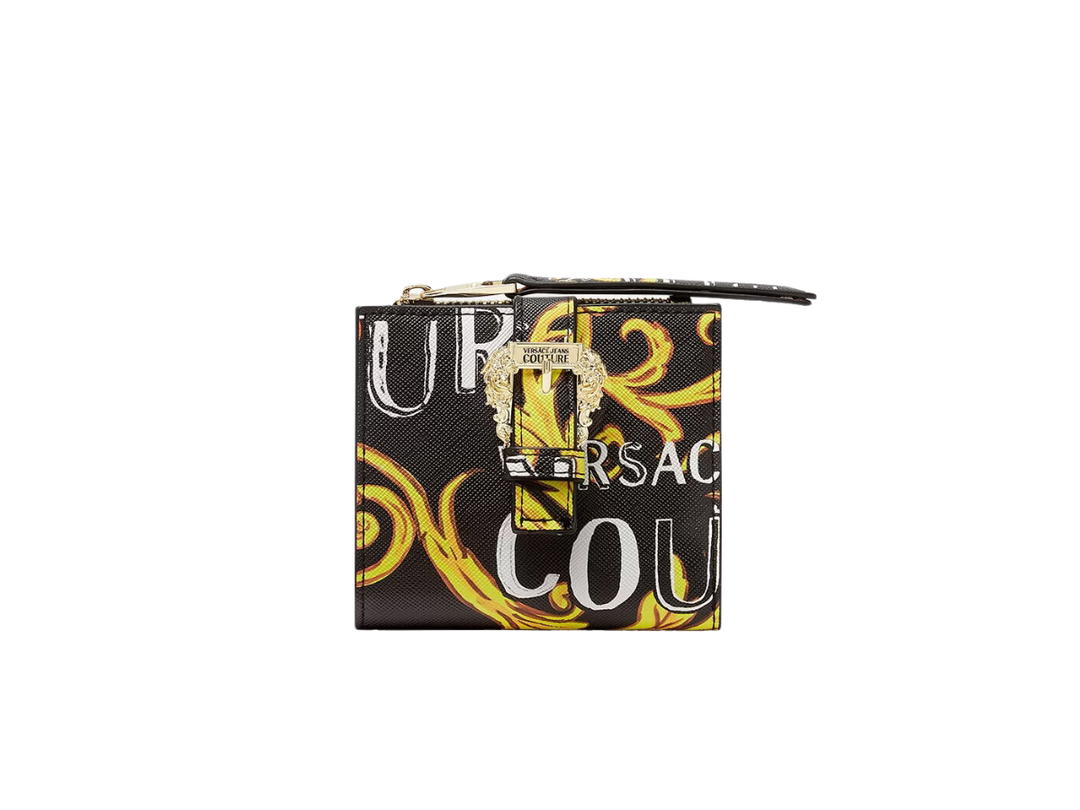 Versace Versace Logo Couture1 Wallet In Baroque Printed Polyester With Gold Metal Hardware Black-Gold