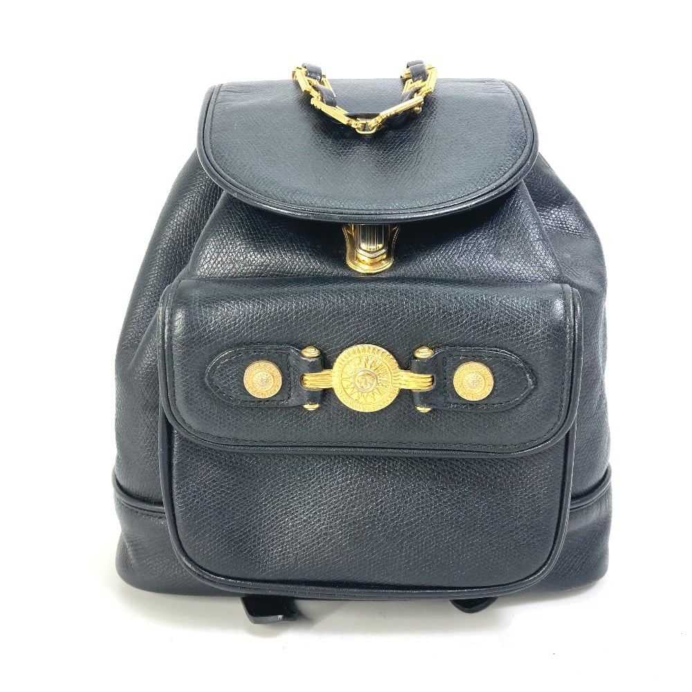 Versace VERSACE vintage Logo Chain Sunburst backpack bag Leather Black/Gold