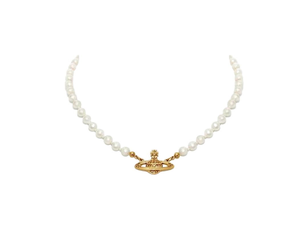 Vivienne Westwood Vivienne Westwood Mini Bas Relief Pearl Choker In Gold-Tone With a Crystal (Chain Length 40cm-19.5cm)