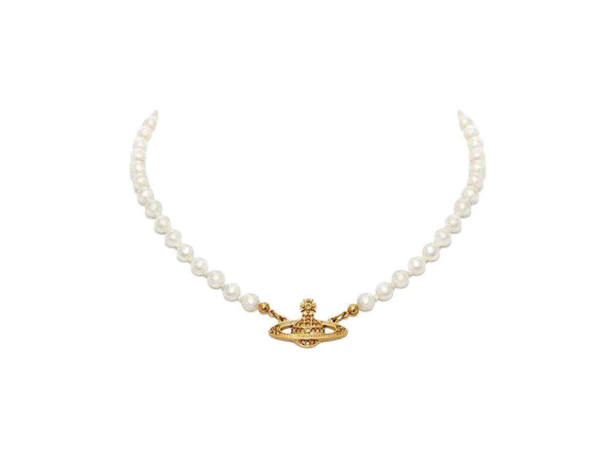 Vivienne Westwood Vivienne Westwood Mini Bas Relief Pearl Choker In Gold-Tone With a Crystal (Chain Length 40cm-19.5cm)