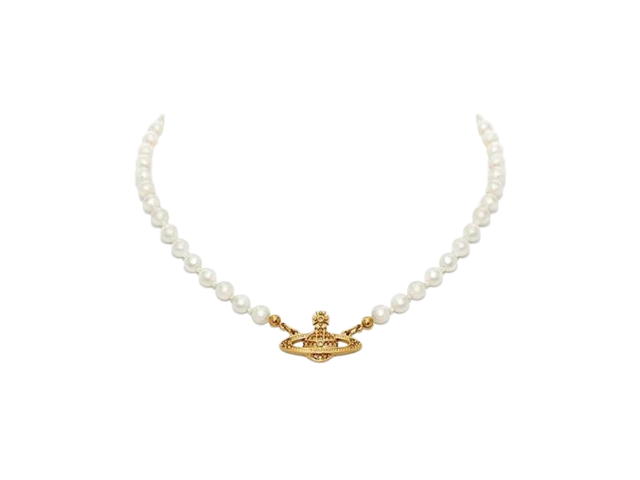 Vivienne Westwood Vivienne Westwood Mini Bas Relief Pearl Choker In Gold-Tone With a Crystal (Chain Length 40cm-19.5cm) - view 1