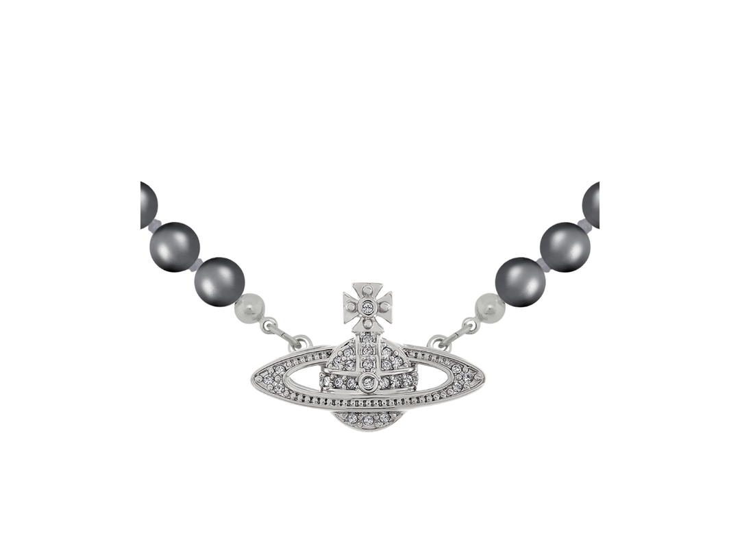 Vivienne Westwood Vivienne Westwood Mini Bas Relief Pearl Choker In Orb Pendant In The Centre With Platinum Plating Dark Grey Pearl-Black Diamond Crystal