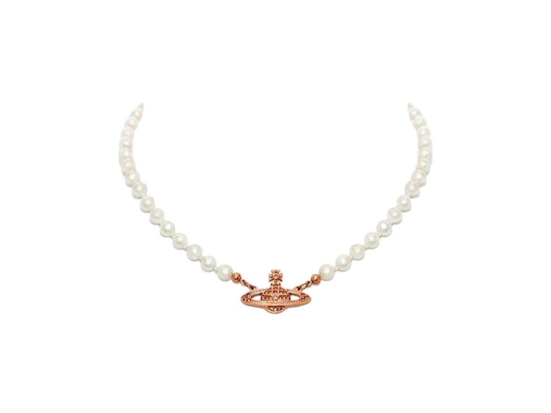 Vivienne Westwood Vivienne Westwood Mini Bas Relief Pearl Choker In Pink Gold-Tone With Pink Preciosa Crystals (Chain Length 40cm-19.5cm)