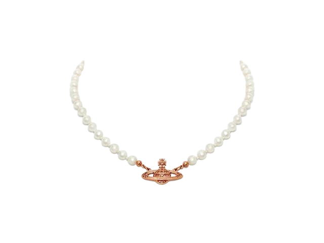 Vivienne Westwood Vivienne Westwood Mini Bas Relief Pearl Choker In Pink Gold-Tone With Pink Preciosa Crystals (Chain Length 40cm-19.5cm) - view 1