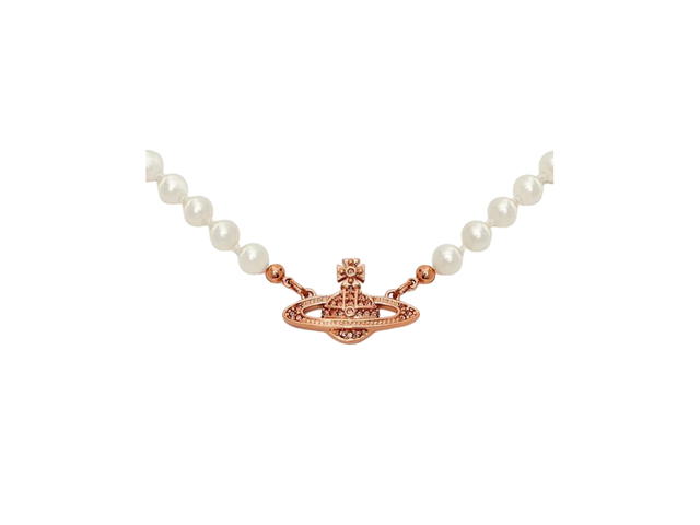 Vivienne Westwood Vivienne Westwood Mini Bas Relief Pearl Choker In Pink Gold-Tone With Pink Preciosa Crystals (Chain Length 40cm-19.5cm) - view 2