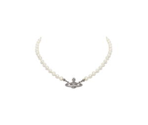 Vivienne Westwood Mini Bas Relief Pearl Choker In Silver-Tone With a Crystal (Chain Length 40cm-19.5cm)