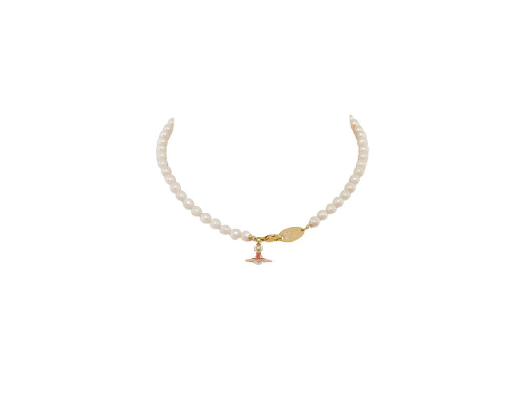 Vivienne Westwood Vivienne Westwood Simonetta Pearl Necklace Gold-Creamrose Pearl-Dark Pink Enamel