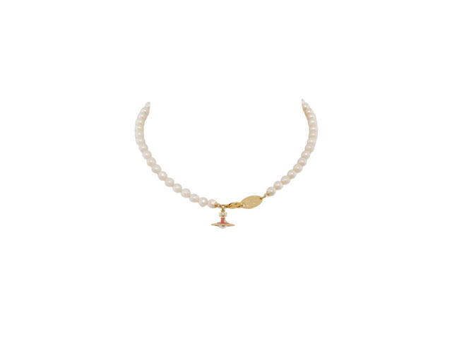 Vivienne Westwood Vivienne Westwood Simonetta Pearl Necklace Gold-Creamrose Pearl-Dark Pink Enamel - view 1