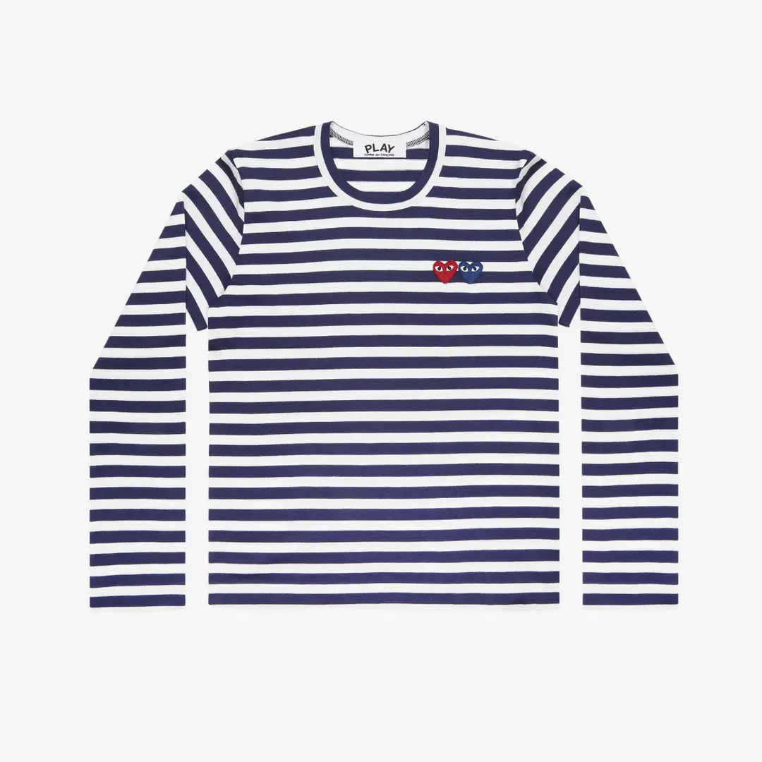 Comme des Garcons (W) Play Comme des Garcons Double Heart Striped LS T-Shirt Navy White